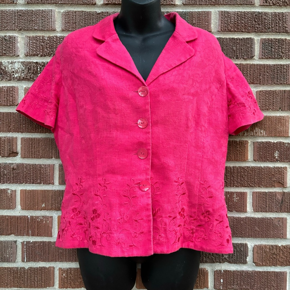 Plaza South Short Sleeve Embroidered linen blend Button Up Blouse jacket Sz 12